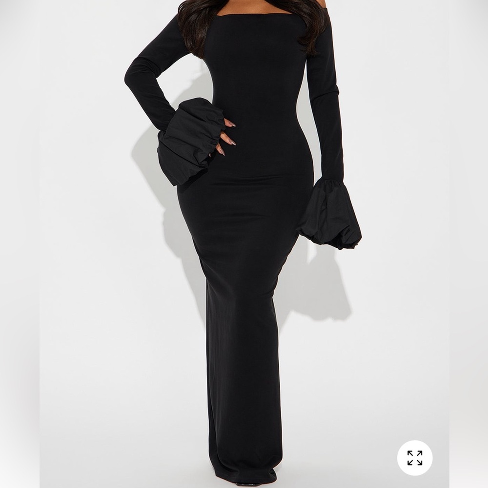 NWT Fashion Nova Black Off-Shoulder Ruffle Cuff Maxi Dress